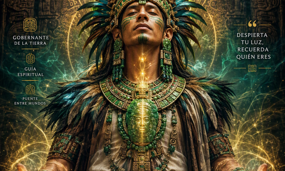 Maestro Ascendido Maya Kenich Ahán irradiando luz dorada y sabiduría ancestral en oroespiritual.com