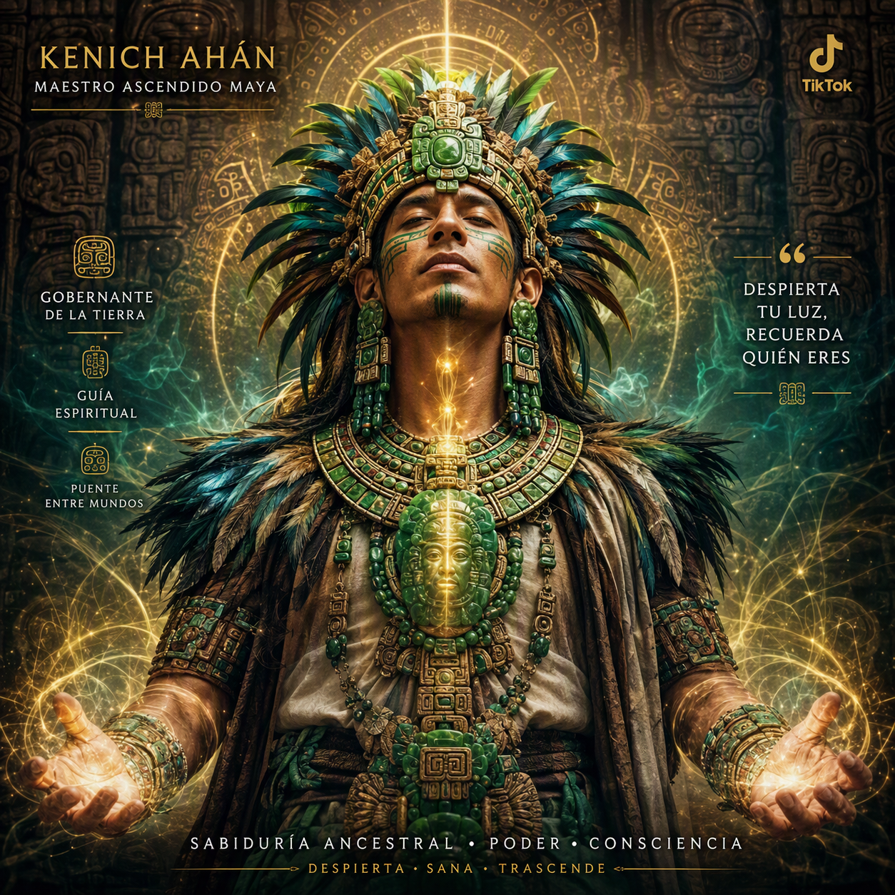 Maestro Ascendido Maya Kenich Ahán irradiando luz dorada y sabiduría ancestral en oroespiritual.com