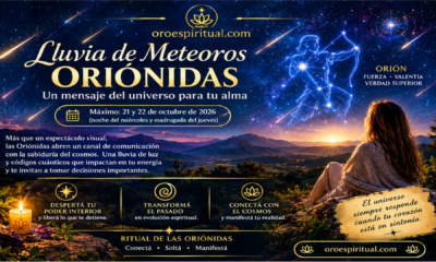 Lluvia de meteoros Oriónidas 2026 iluminando el cielo nocturno junto a la constelación de Orión y una mujer contemplando las estrellas.