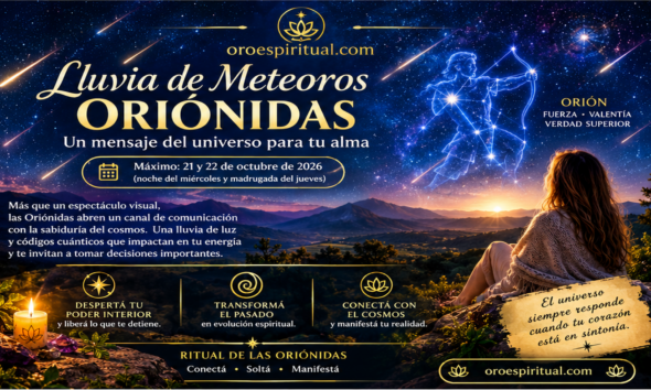 Lluvia de meteoros Oriónidas 2026 iluminando el cielo nocturno junto a la constelación de Orión y una mujer contemplando las estrellas.