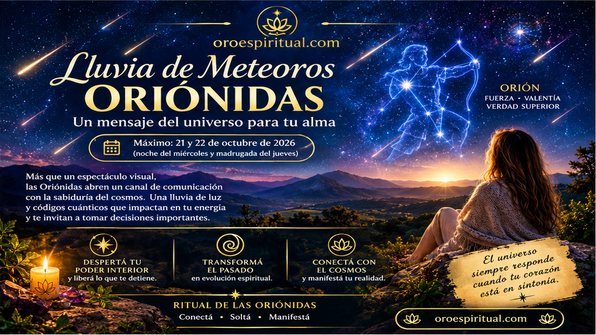 Lluvia de meteoros Oriónidas 2026 iluminando el cielo nocturno junto a la constelación de Orión y una mujer contemplando las estrellas.