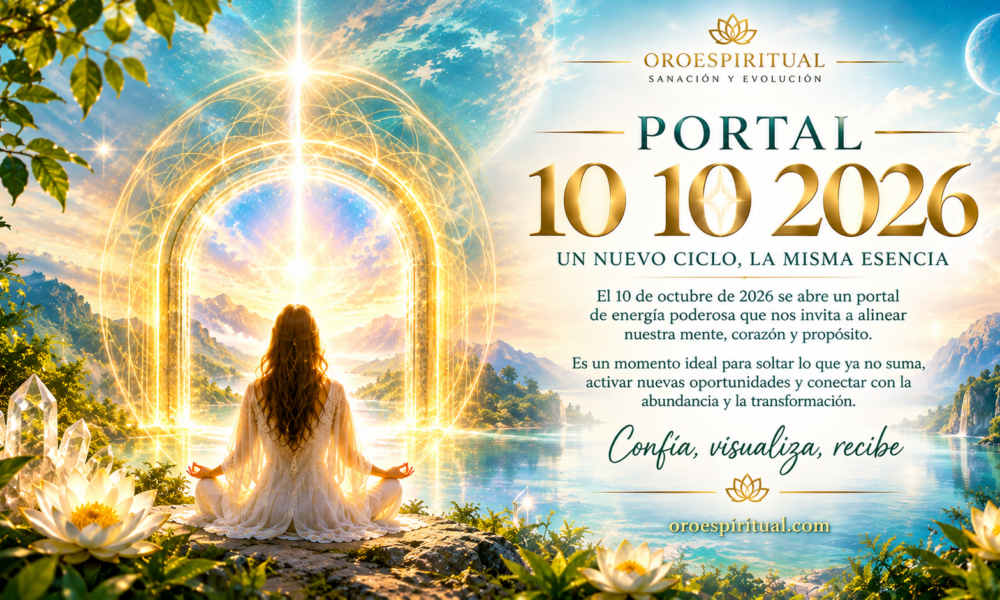 Portal 10/10/2026 de energía y transformación espiritual con una mujer meditando frente a un portal dorado