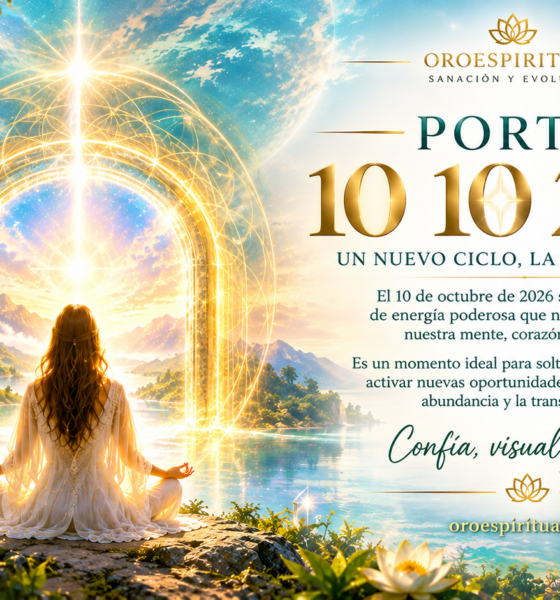Portal 10/10/2026 de energía y transformación espiritual con una mujer meditando frente a un portal dorado