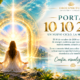 Portal 10/10/2026 de energía y transformación espiritual con una mujer meditando frente a un portal dorado