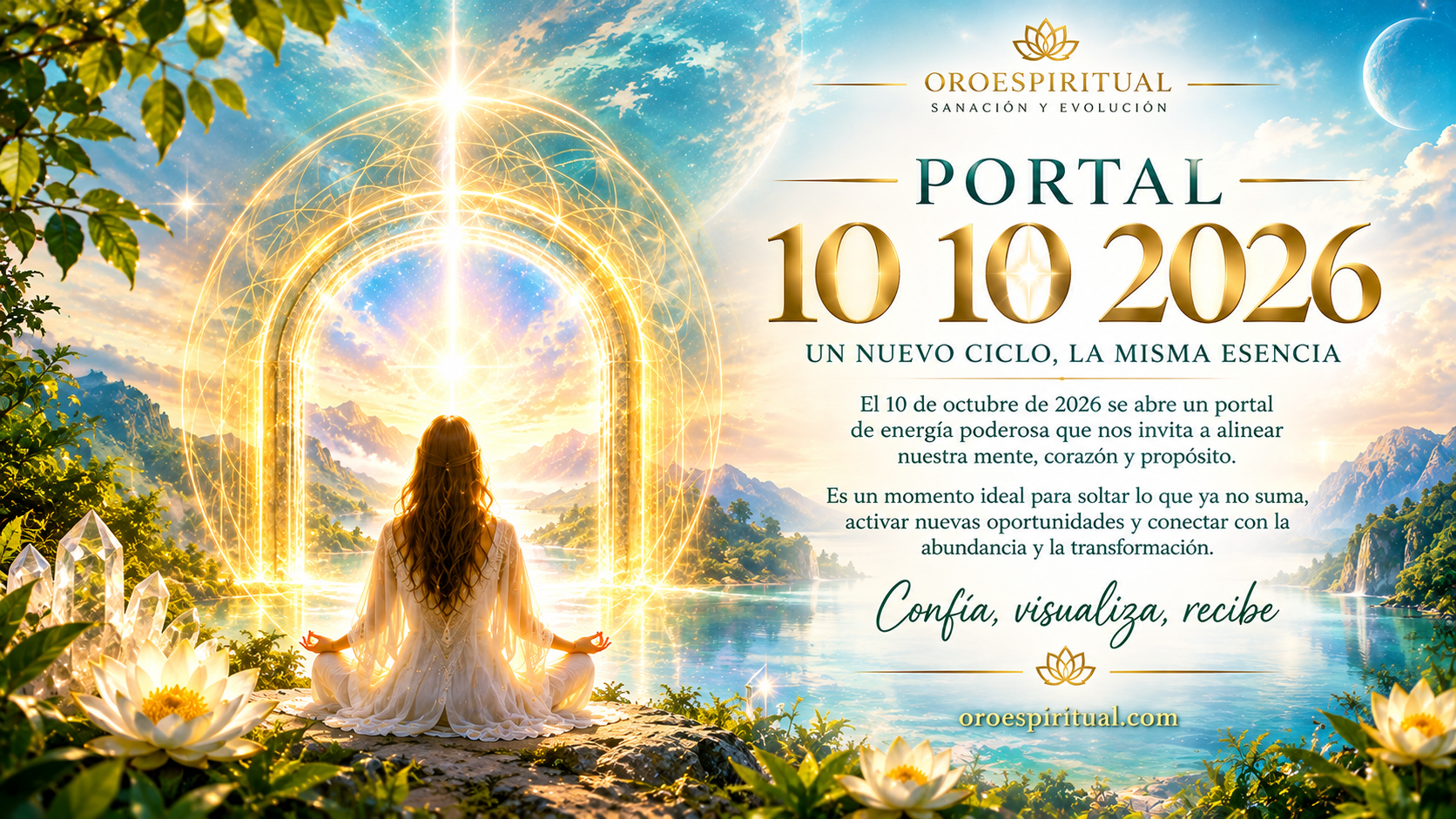 Portal 10/10/2026 de energía y transformación espiritual con una mujer meditando frente a un portal dorado